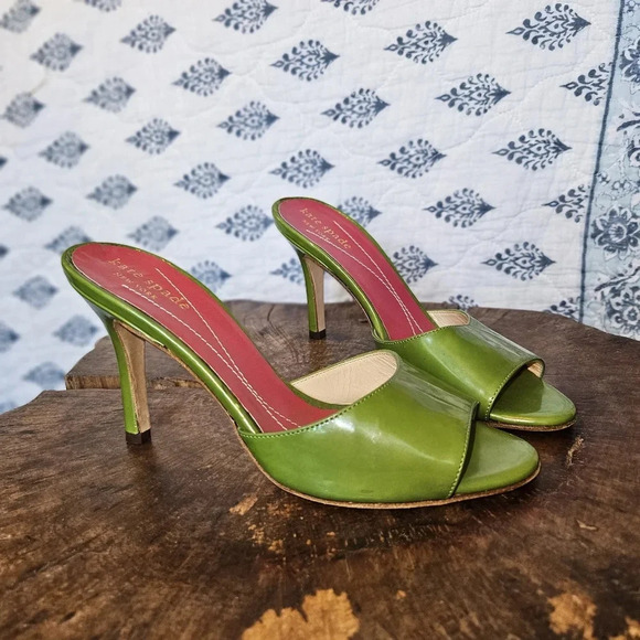 Kate Spade Italian Vintage 70s Dress Slide Green Iridescent Shimmer Heels 5 - Picture 2 of 11